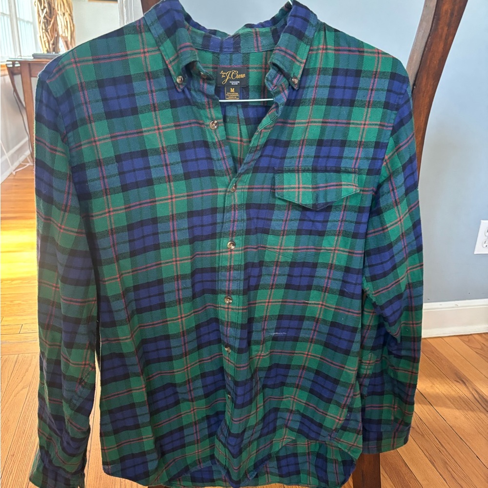 J Crew- Men's Green and Blue Plaid Shirt, cashmere/cotton blend!